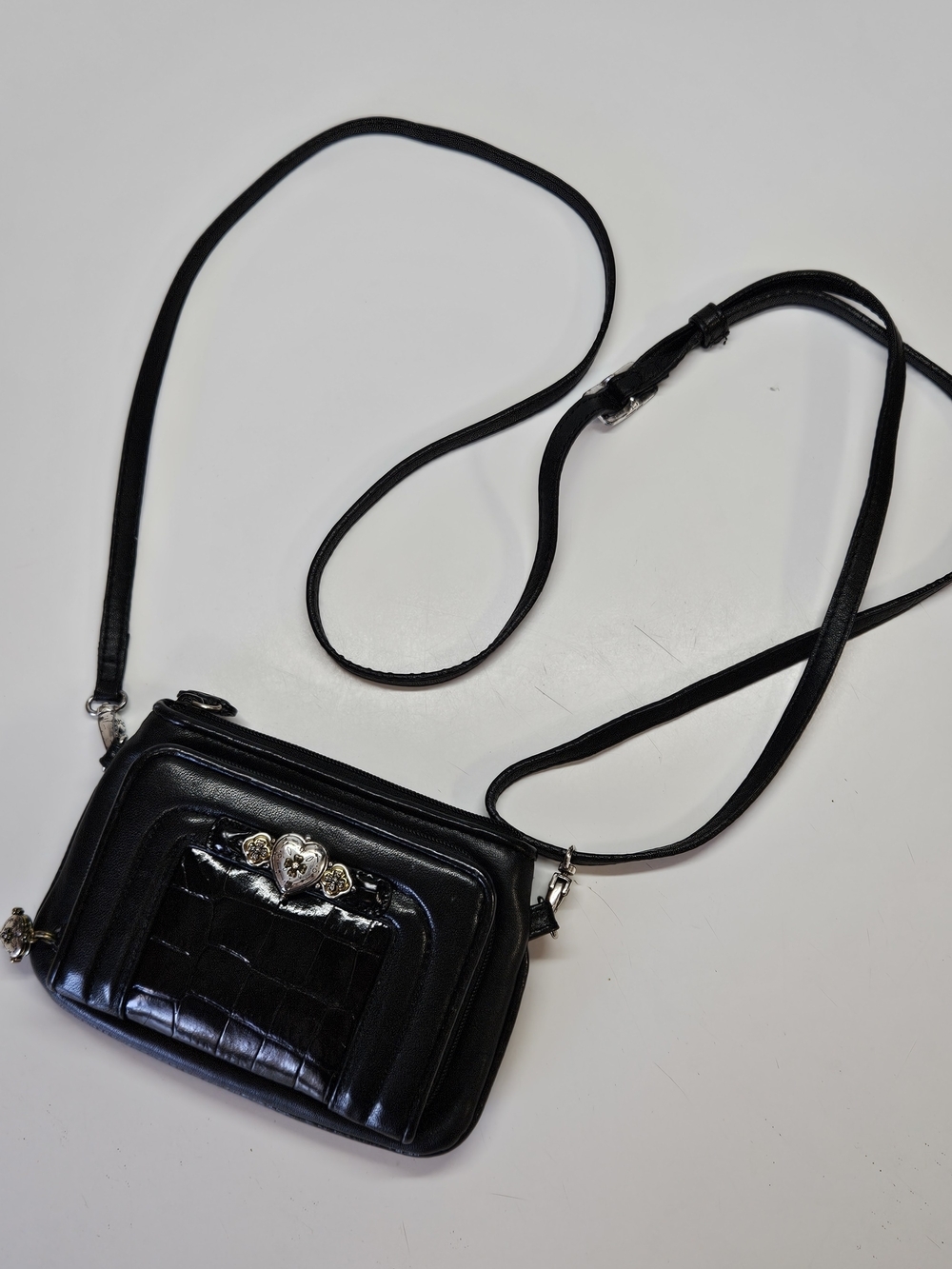Brighton Mini Black Leather Silver Tone Hearts Crossbody Purse Bag